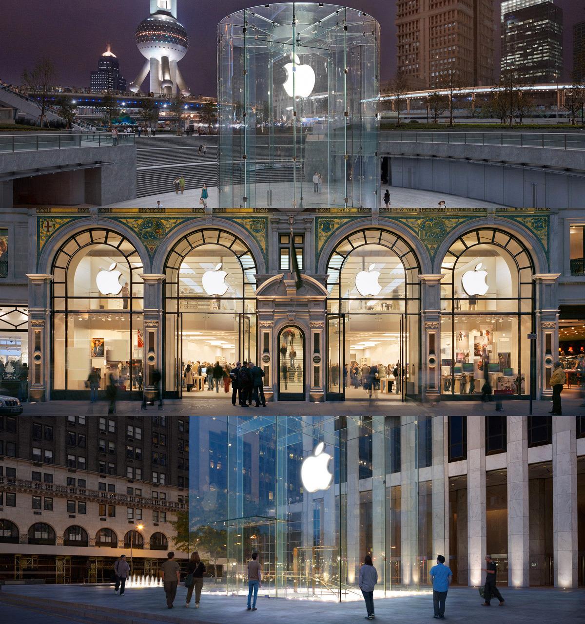 Apples flaggskip-butikker pleier å sette design i fokus. Ovenfra: butikkene i Shanghai, London og New York. Apple