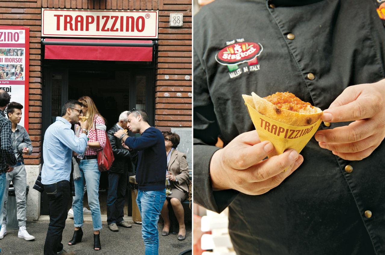 I FARTA: Trapizzino er en moderne variant av pizzaen som består av myke, luftige trekanter fylt med klassisk, romersk fyll. Foto: Kristina Gill/fra boken «Smaken av Roma»