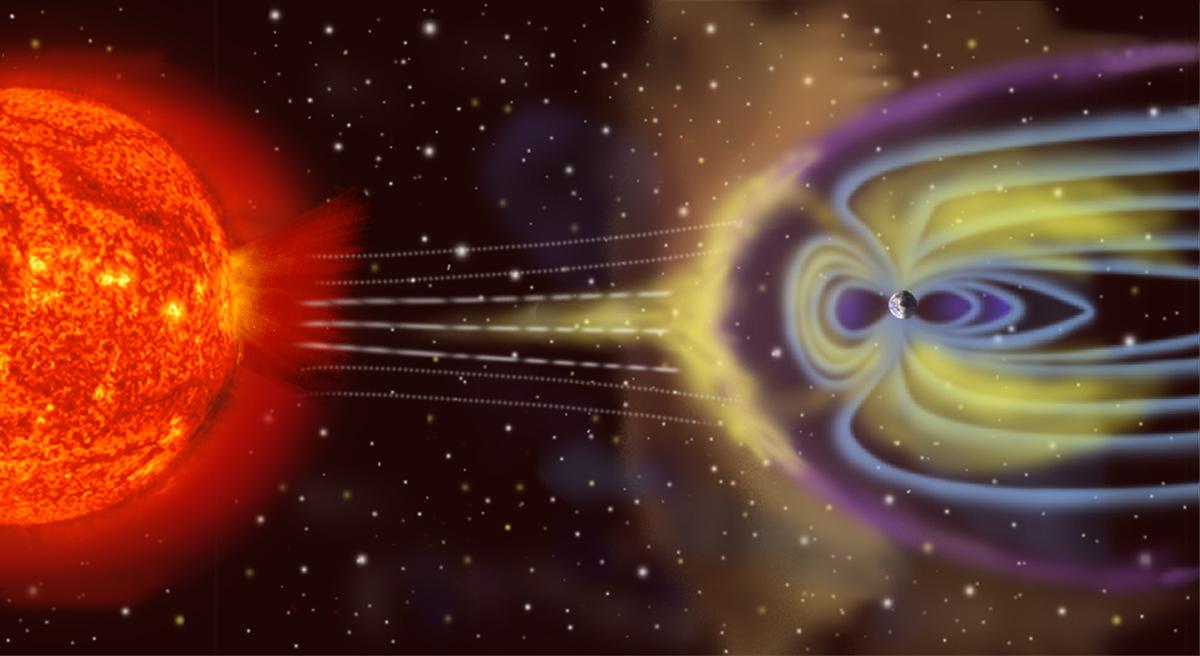 BESKYTTENDE MAGNETFELT: Energi fra solstormer som «blåses» mot jorden blir hindret av jordens magnetfelter, slik denne grafikken illustrerer.Foto: NASA