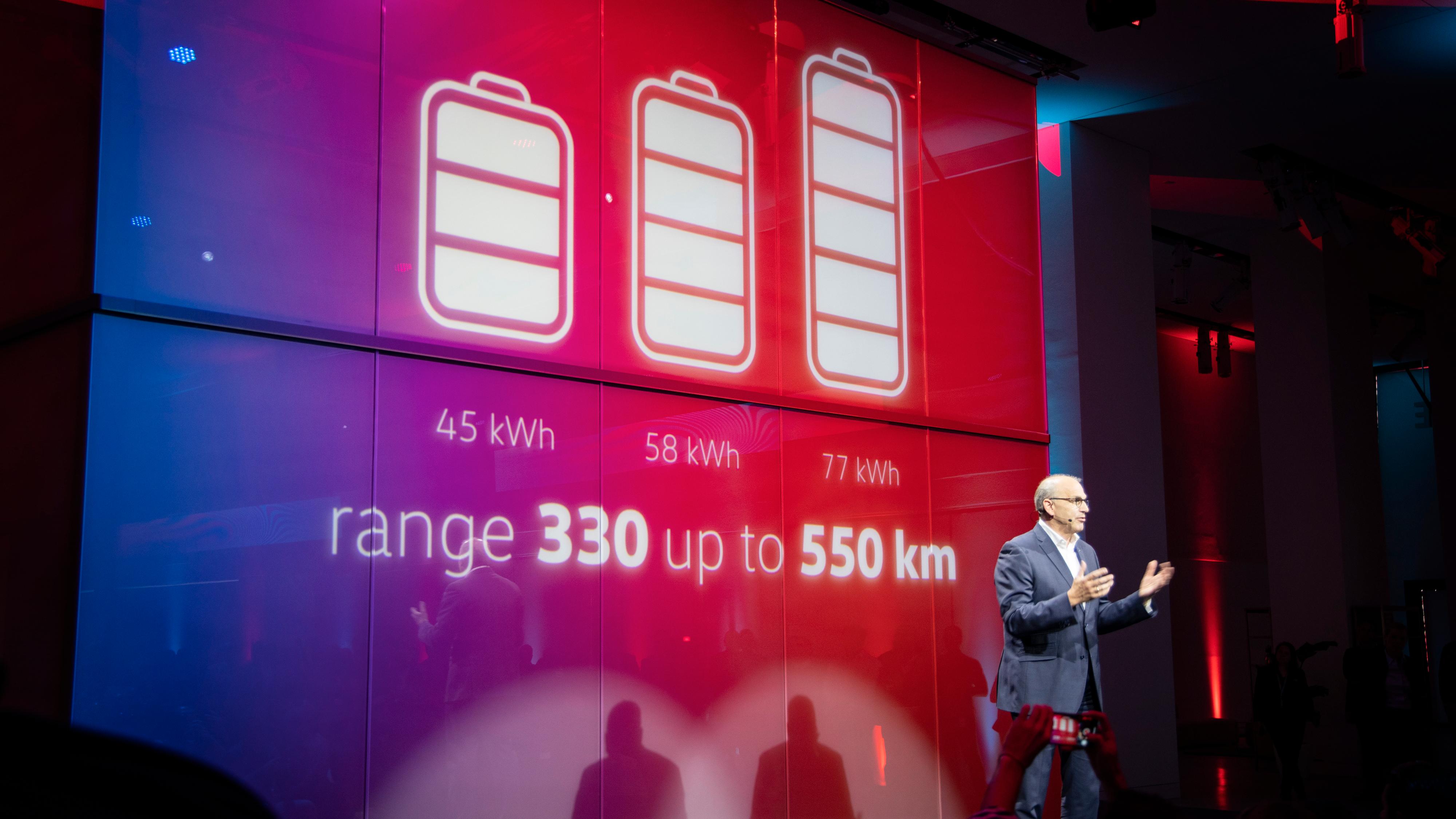 ID.3 får tre ulike batteripakker med henholdsvis 330, 420 og 550 kilometer WLTP-rekkevidde. Til høyre salgsdirektør Jürgen Stackmann. 