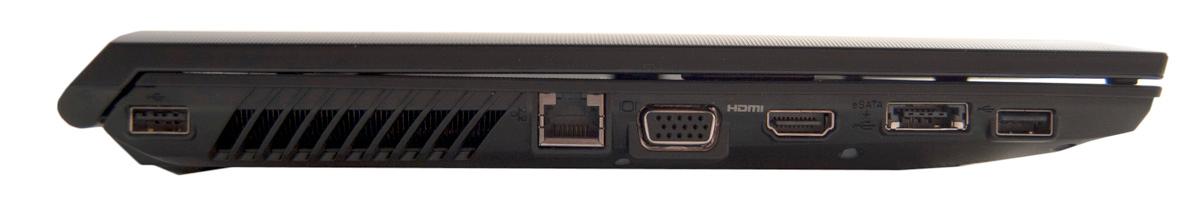 Venstresiden: USB, LAN, VGA, HDMI, e-SATA/USB, USB