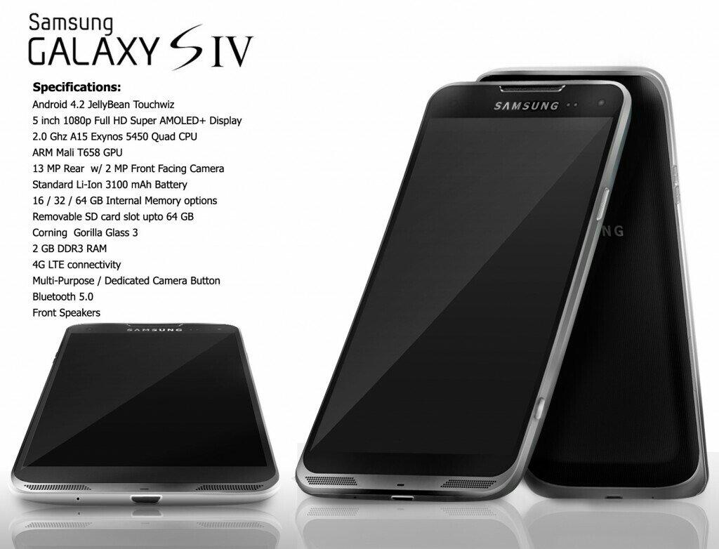 Dette er ett av de drøssevis av konseptbildene av en Galaxy S4 som har gått runden på internett. Bildene stammer som regel fra designere, og har ingenting med den endelige utgaven å gjøre. Spesifikasjonene stemmer ganske godt med de som har surret på ryktebørsen så langt.