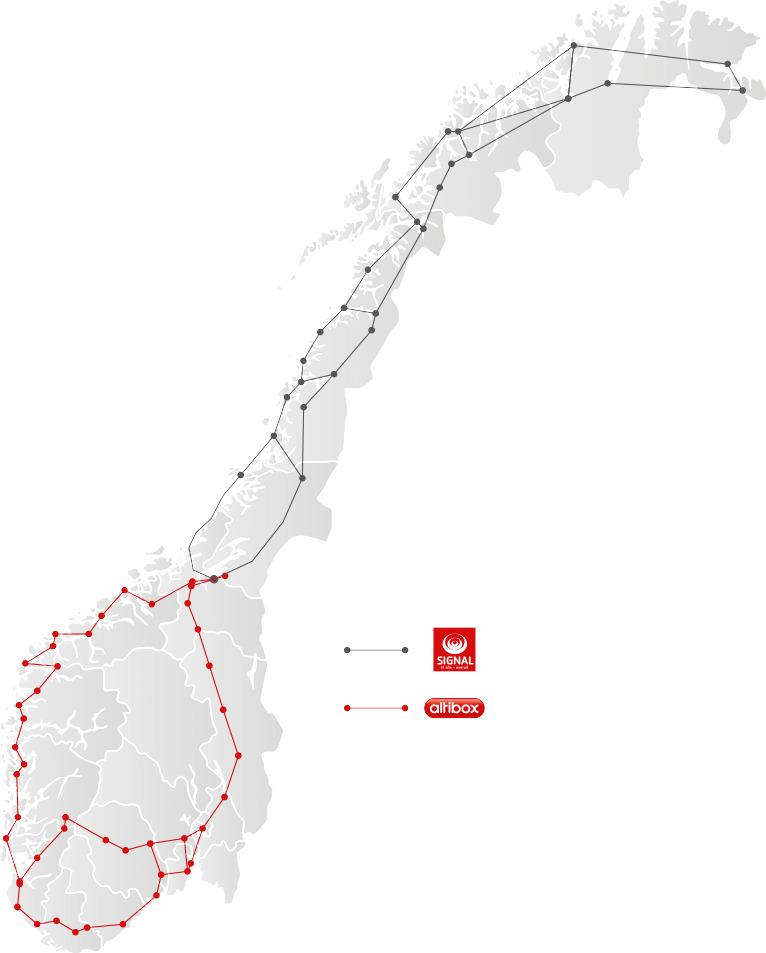De røde linjene er Altibox kjernenett i sør, de svarte tilhører Lyse-eide Signal Bredbånd, og dekker Nord-Norge.