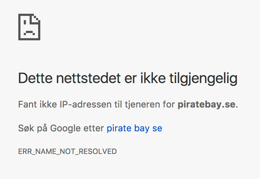Slik ser det ut om du forsøker å gå inn på piratebay.se nå.