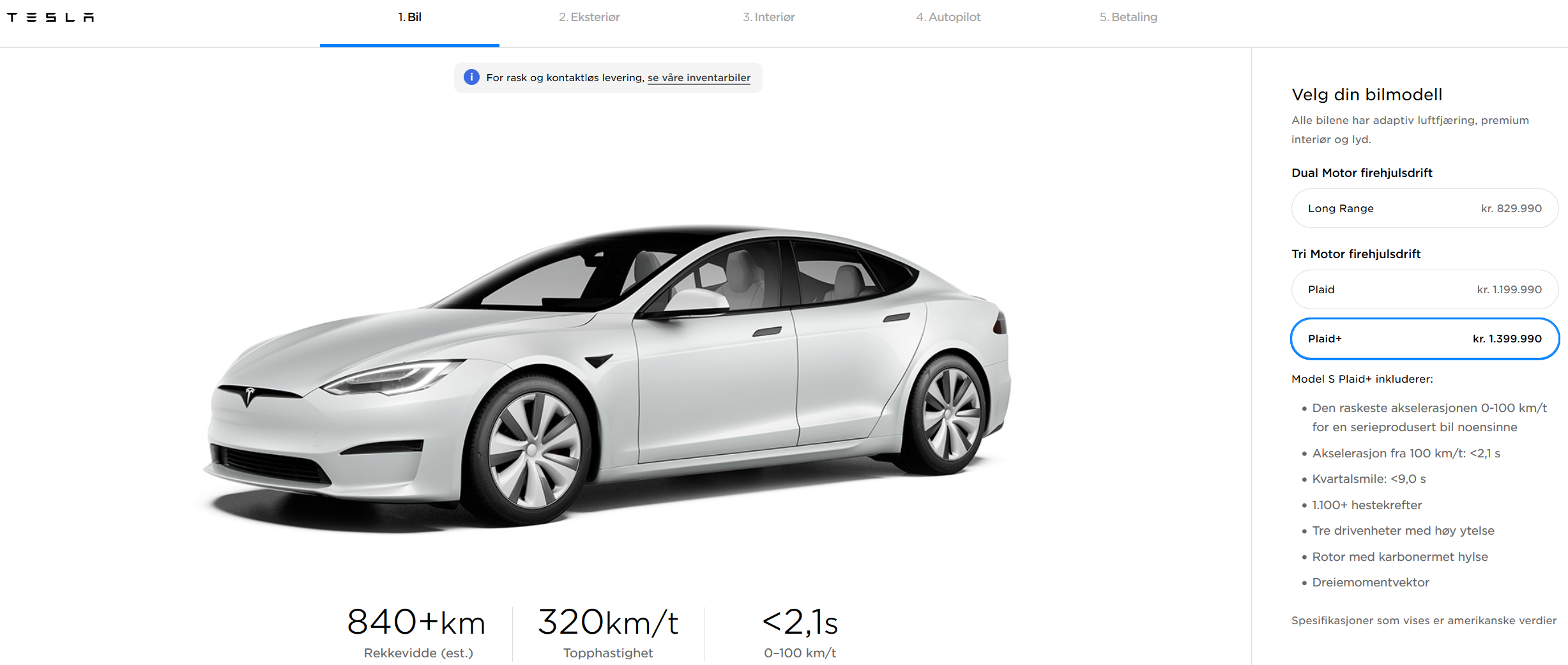 Allerede nå kan du bestille en Model S Plaid og Plaid+, men du må vente til sent i 2021 før den leveres.