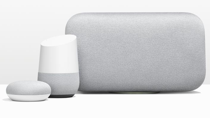 Google har tre smarthøyttalere i Home-serien som kommer til Norge i løpet av året. Her vises Home Mini, Home og Home Max.