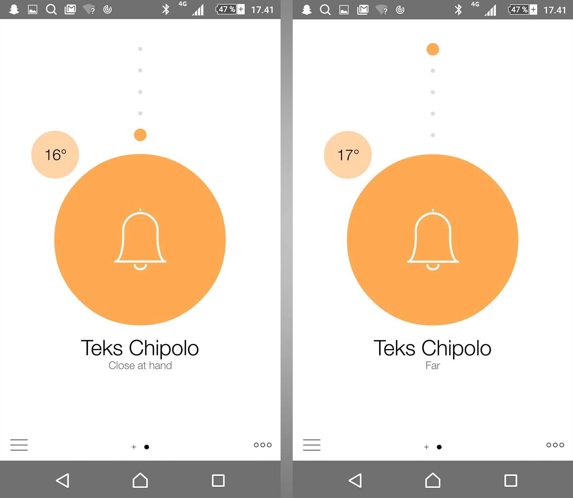 Radaren i Chipolo-appen er veldig minimalistisk, og består av en liten, farget prikk som beveger seg. Foto: Skjermdump/Tek.no, montasje