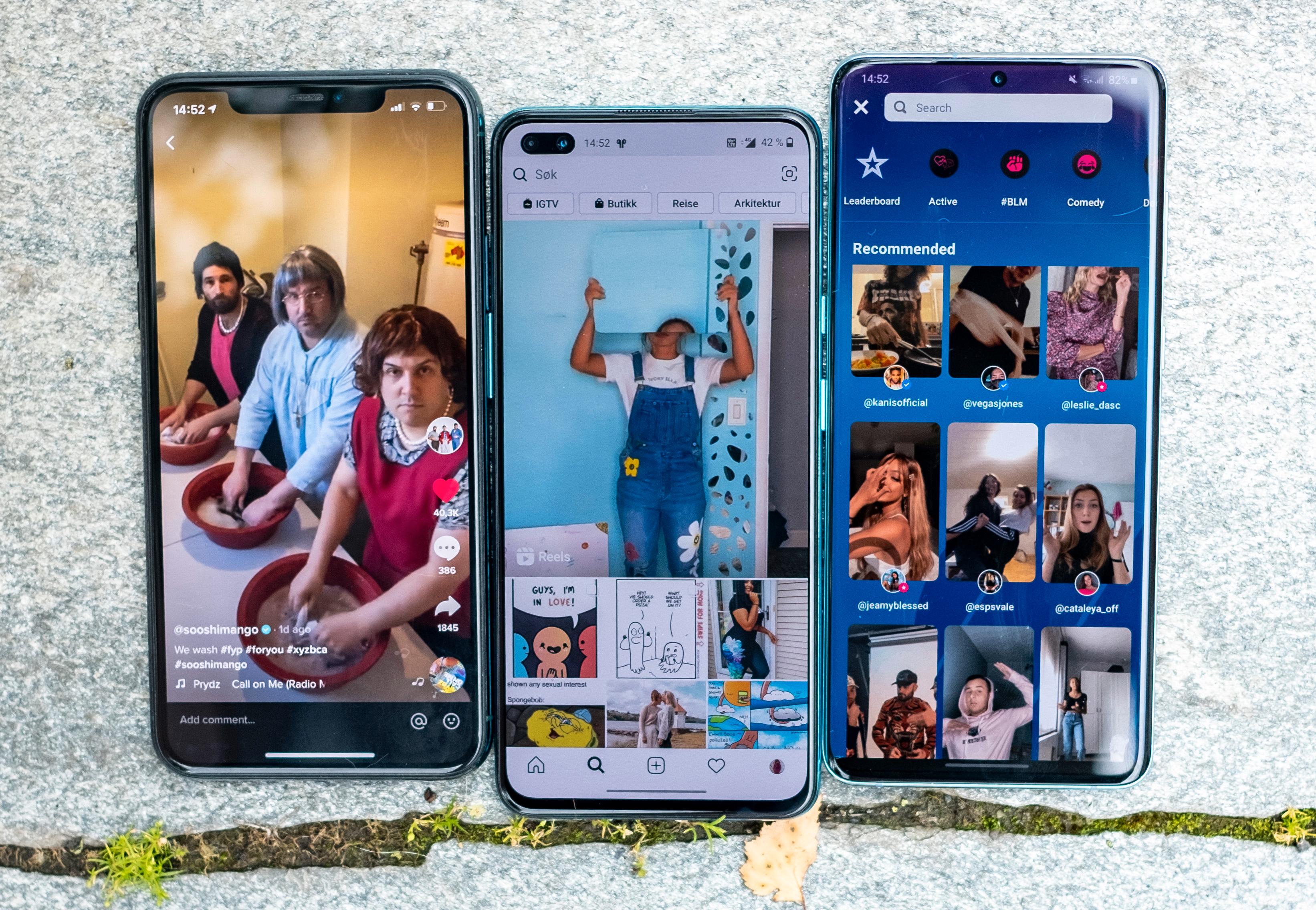 Fra venstre; TikTok på iPhone 11 Pro Max, Instagram og Reels på OnePlus Nord og Galaxy S20 Plus med Triller på skjermen.