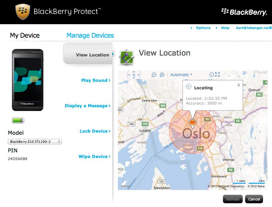 Med BlackBerry Protect kan du lokalisere og fjernslette telefonen. .