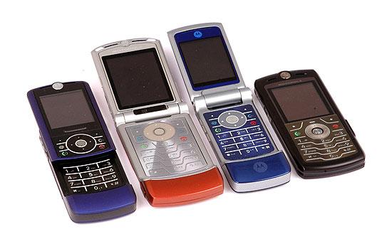 Fra venstre: Motorola Z3, V3xx, K1, L6.