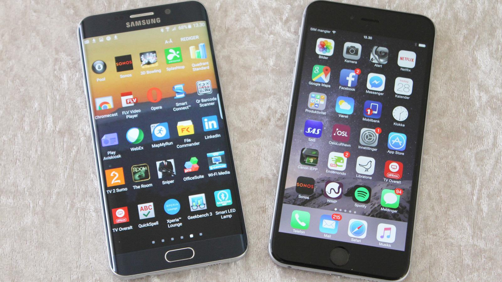Samsung og deres Galaxy-serie (representert ved Galaxy S6 Edge+ til venstre) regjerer fortsatt, mens Apple og deres iPhone må se seg grundig slått av erkerivalen.