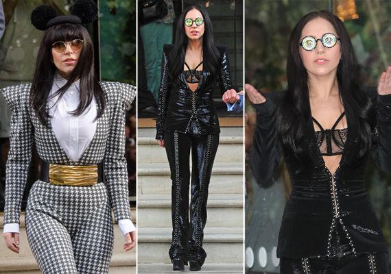 DESIGNERANTREKK: Dette er de mest tildekkede antrekkene vi har sett Lady Gaga i den siste uken. Til hundetannsdressen valgte hun museører som tilbehør, mens hun til Versace-antrekket valgte spesielle solbriller. Foto: NTB Scanpix