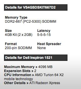 Her har Corsairs minnevelger fortalt oss hva vi trenger til en Dell Inspiron 1521-maskin