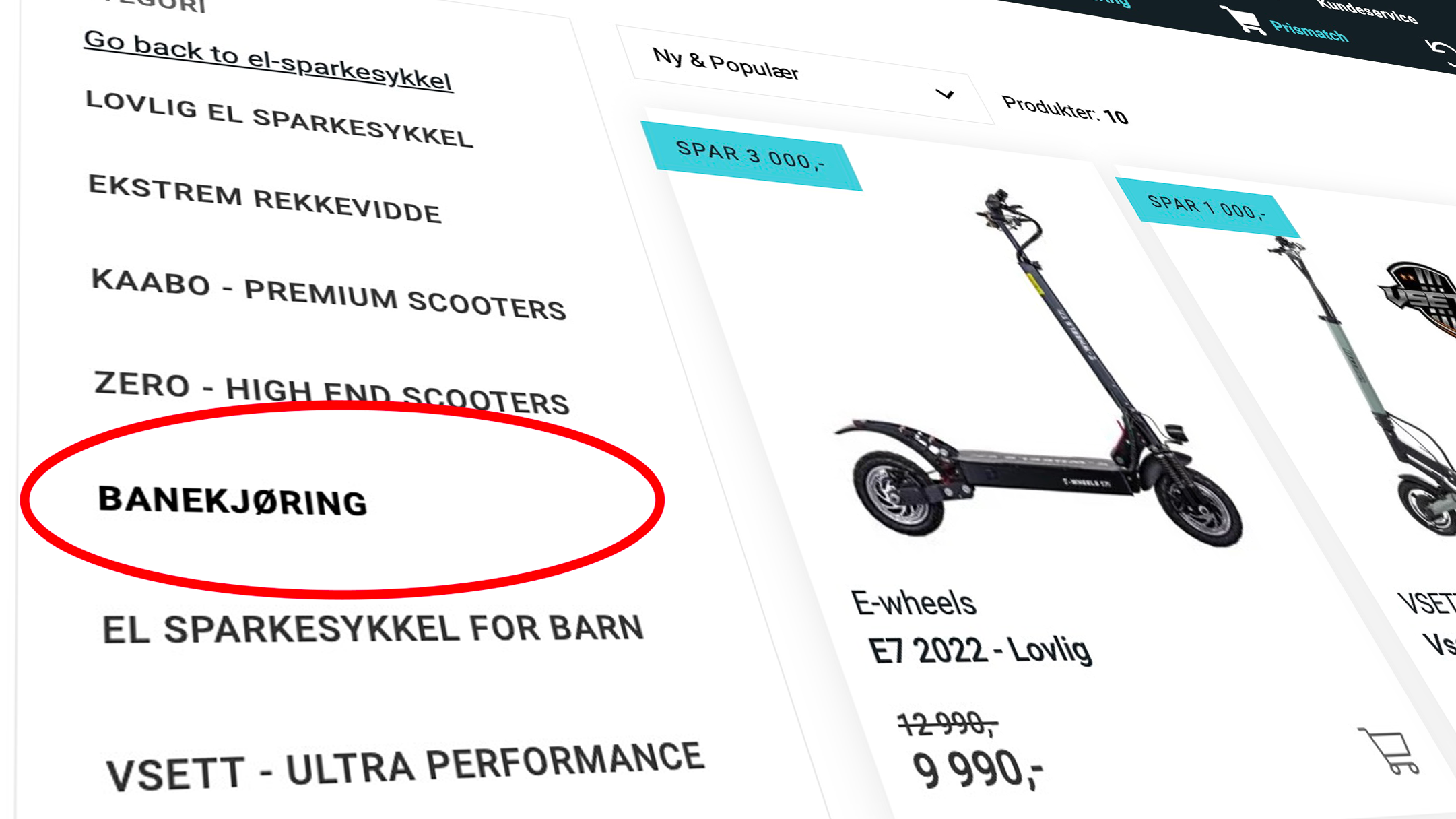 Skjermbilde fra E-wheels’ salgskategori for elsparkesykler kalt «banekjøring».