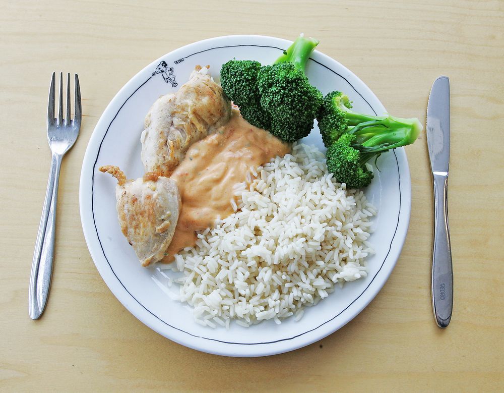 Klarer du å anslå kalorimengden på tre ulike porsjoner med kylling, ris, saus og brokkoli?