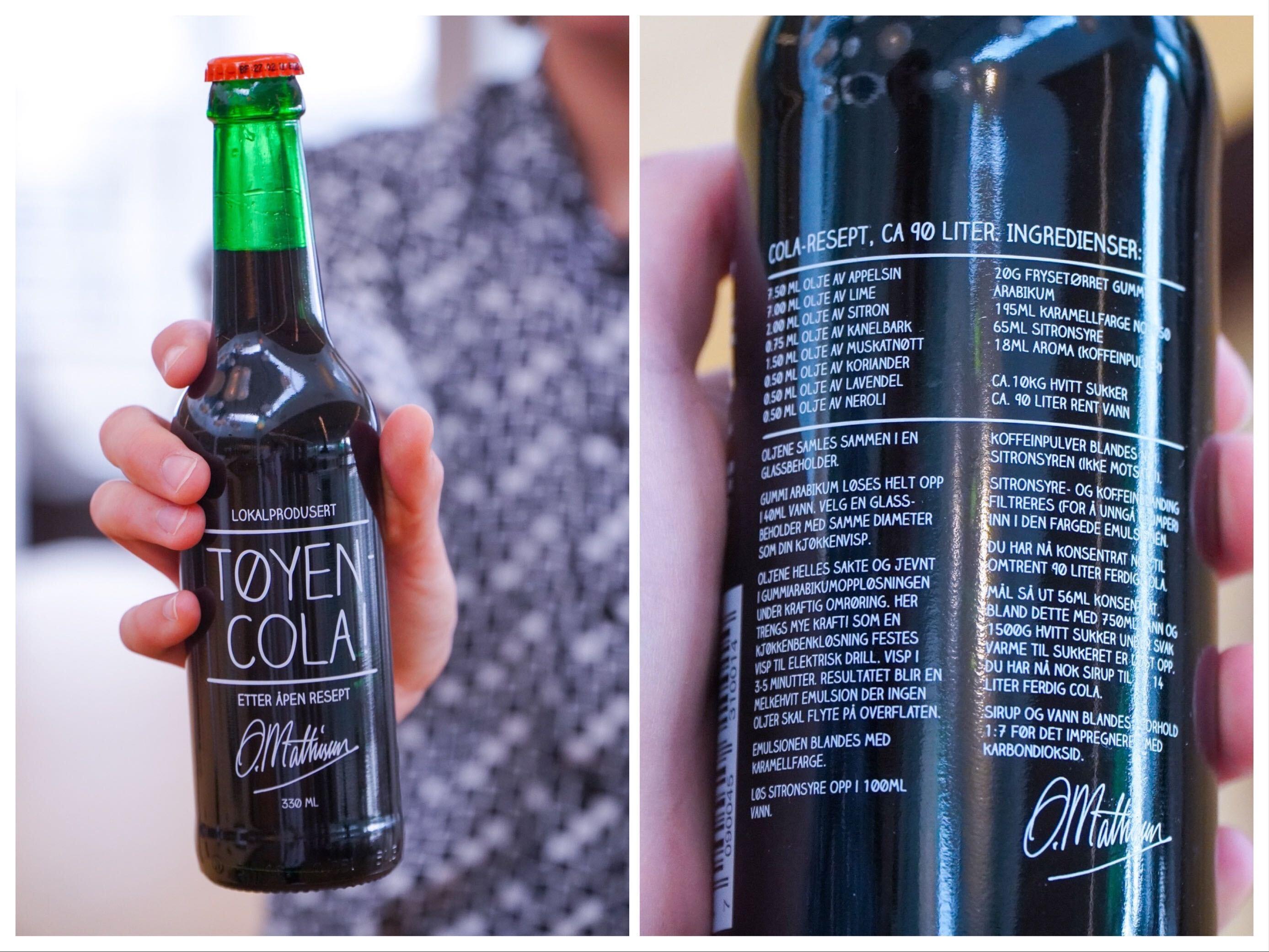 GRATIS OPPSKRIFT: Tøyen-Cola fant oppskriften til deres colasuksess på en side kalt Cube Cola, som har lagt ut en såkalt «open source» oppskrift. Den har de også trykt på flaskene sine, som har silketrykk og ikke etikett.