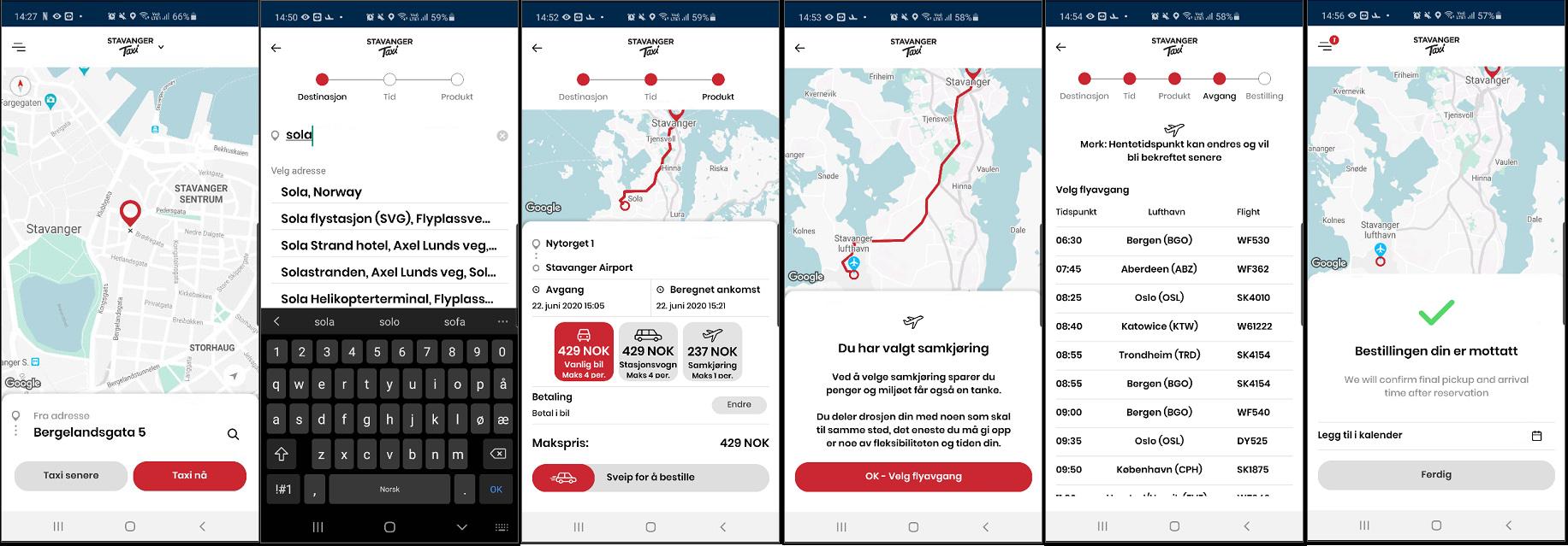 Eksempel på bestillingsforløp, hvor du kan velge samkjøring underveis. Foreløpig er dette kun tilgjengelig i Harstad og Stavanger. 
