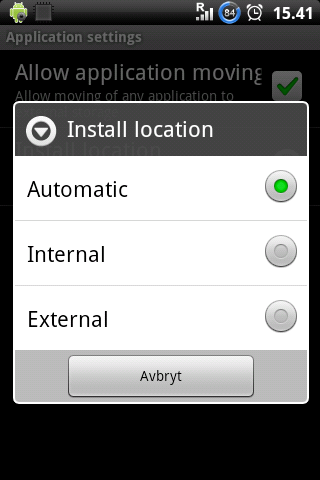 På Android 2.2 kan du velge om programmene skal installeres på telefonen, minnekortet eller om telefonen skal styre det selv.