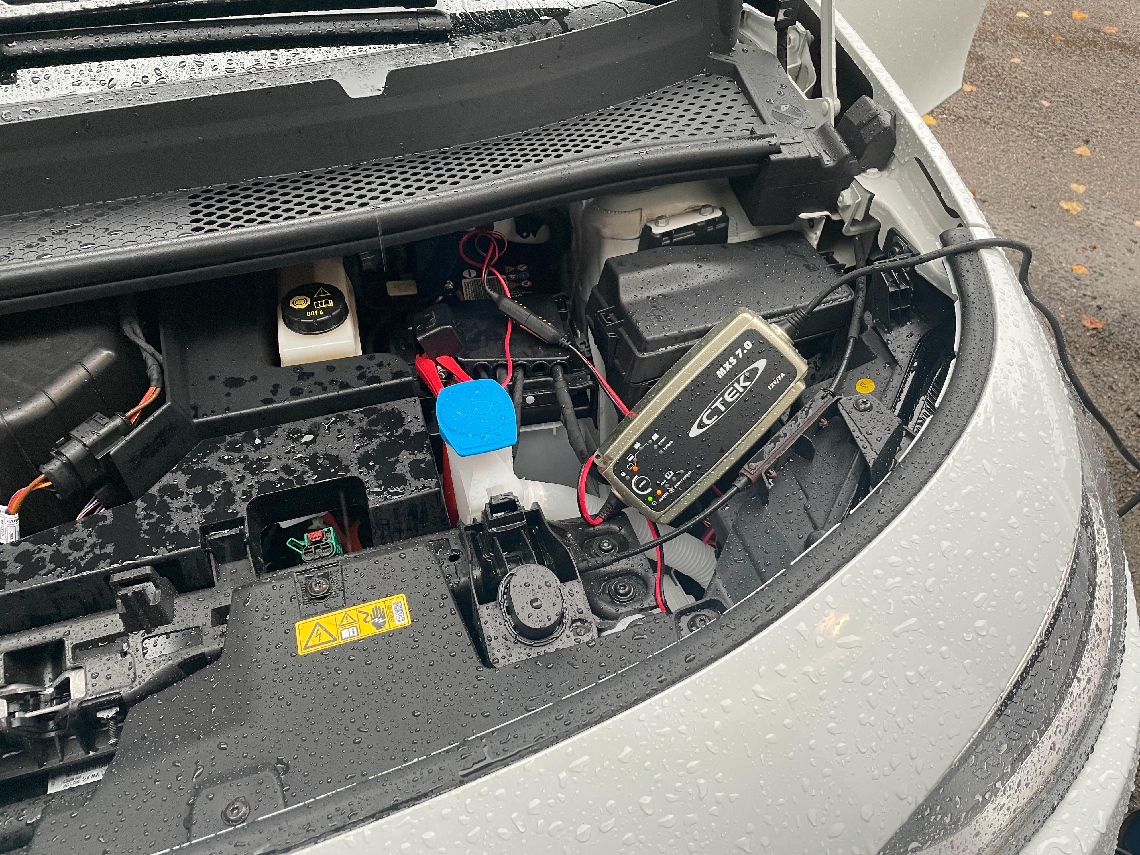 Syndebukken; et flatt 12-voltbatteri som ikke blir ladet så godt som det skal, og som bilen muligens trekker i overkant mye strøm av når den står i ro. Laderen startet med flatt-batteri-indikator da den ble koblet til.