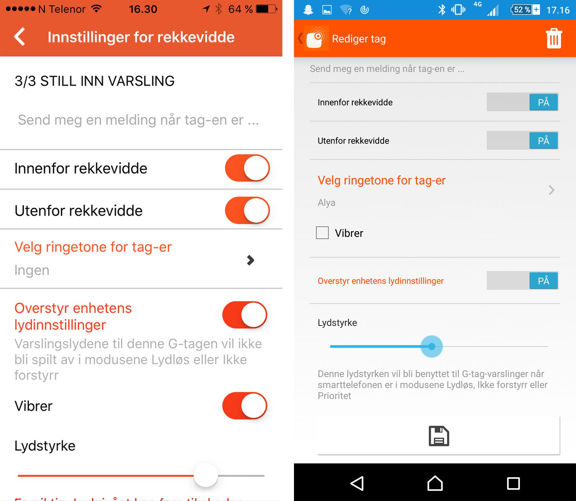 G-tags innstillinger, iOS til venstre og Android til høyre. Foto: Skjermdump/Tek.no, montasje