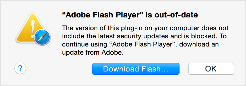 Dette er blokkeringsmeldingen som Safari-brukere vil få opp dersom man kjører en utdatert Flash-versjon. Foto: Apple