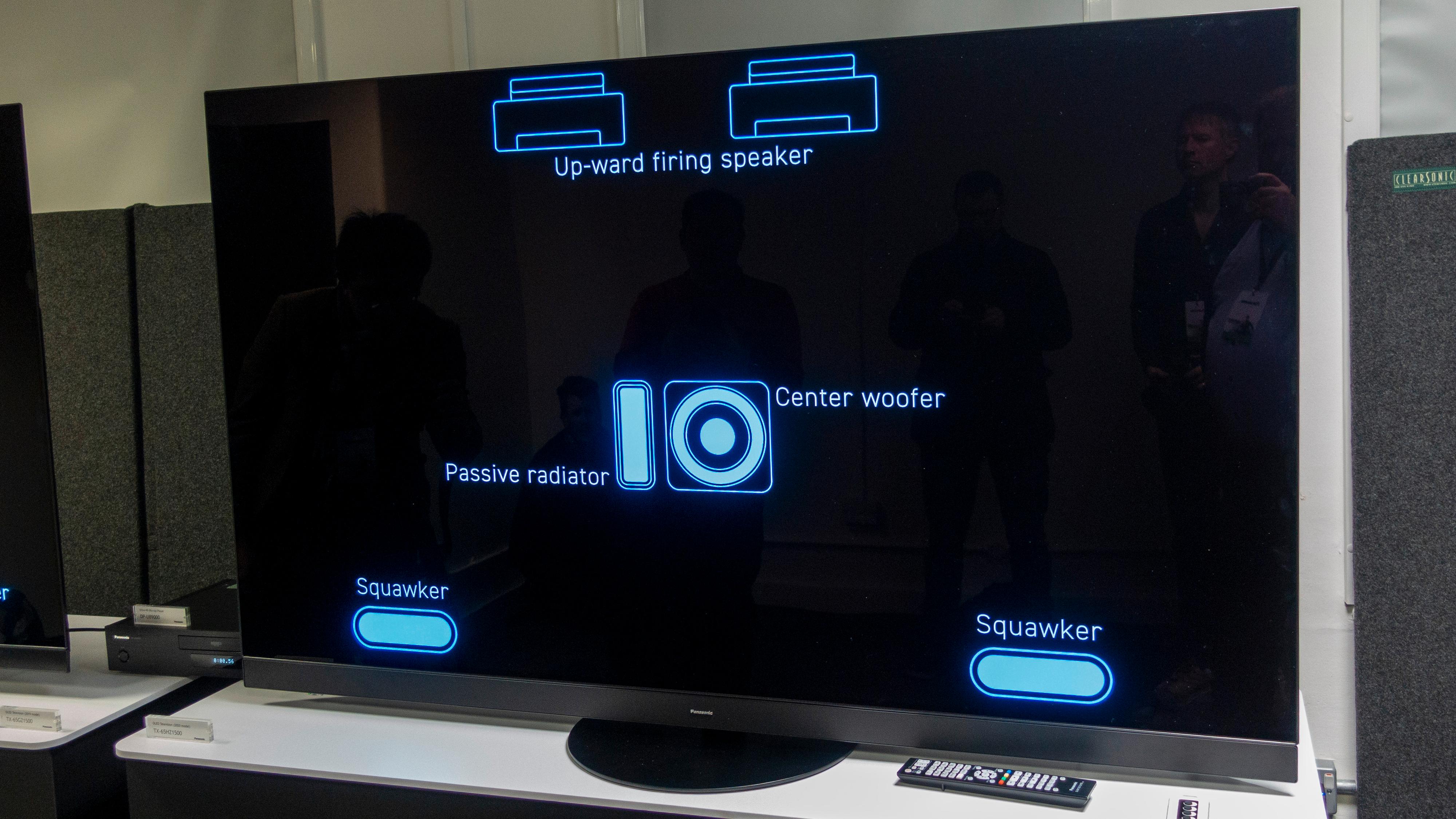 Både HZ2000 og HZ1500 har høyttalere som skyter lyden mot taket. Her vist som grafikk på skjermen for å vise hvor på TV-en elementene er plassert. 