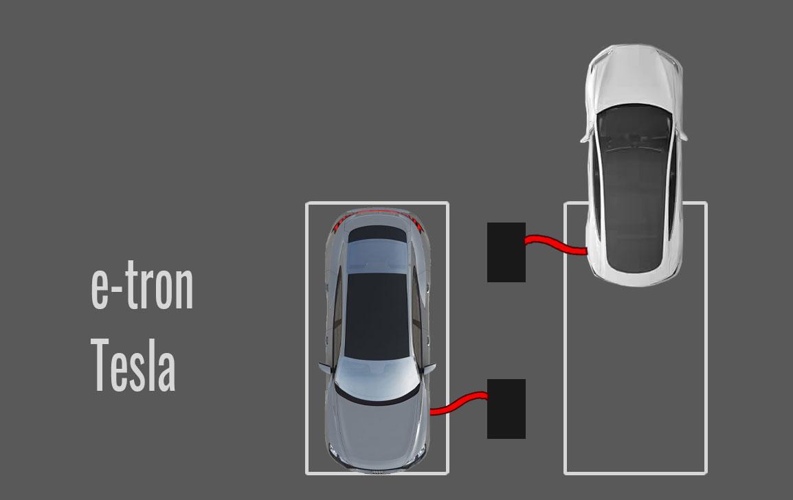 Om en Audi e-tron (til venstre) parkerer på en måte som tilsynelatende ser uproblematisk ut på en Supercharger, så kan det være veldig vanskelig for en Tesla eller annen bil med ladeporten bak på førersiden å kunne lade ved siden av. 