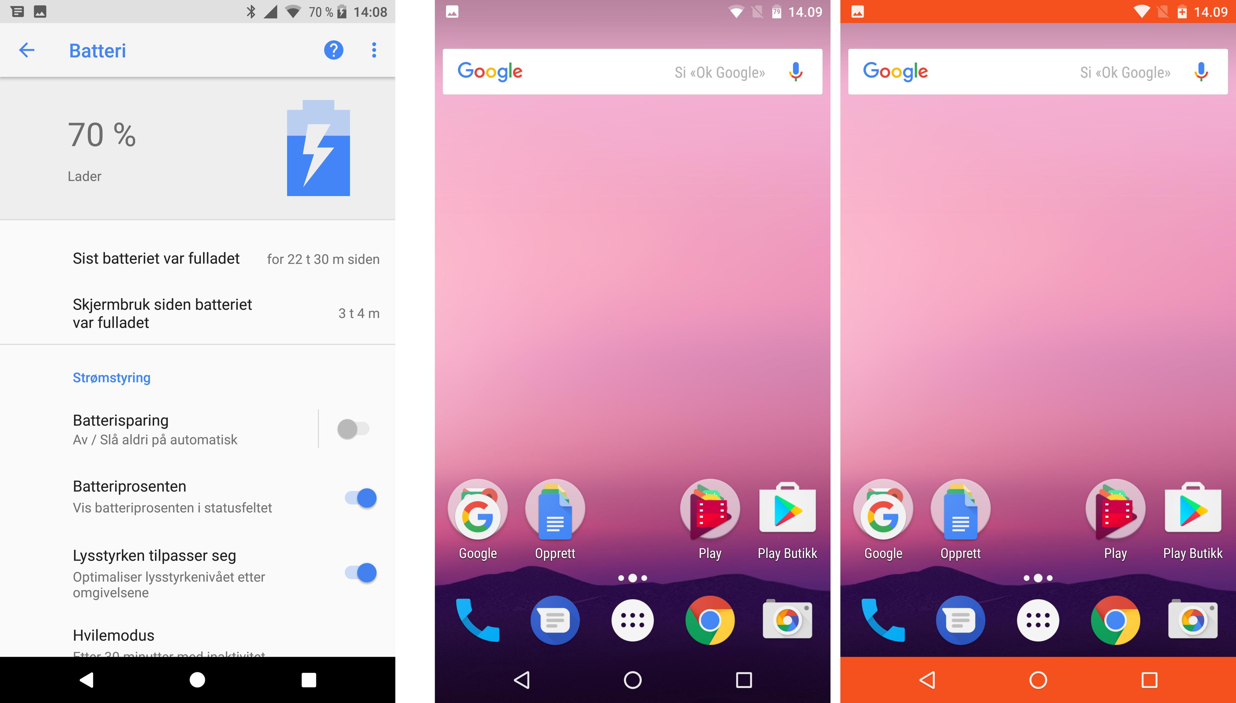 Android 7 har hatt muligheter til å vise batteriprosent. På en måte. Man må aktivere en utviklermeny ved å holde inne tannhjulikonet i nedtrekksmenyen lenge, før man får menyen som gir mulighet til å se prosent inni batteriet. Den overskrives av symbolet som viser at batterisparing er på. Til venstre ser du hvordan det fungerer på Pixel XL med Android O, mens de to bildene til høyre er fra Motorola og Googles Nexus 6 med Android 7.0. Bilde: Finn Jarle Kvalheim, Tek.no