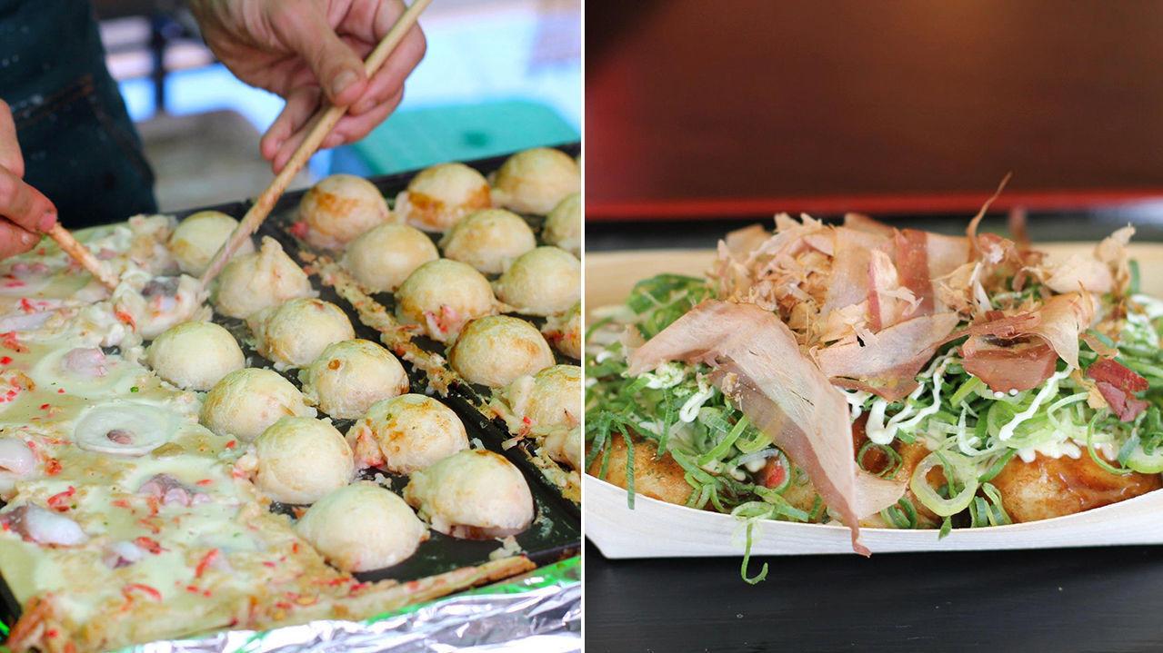 BLEKKSPRUT: De lekre små takoyaki-bollen selges gjerne fra boder, og fylles med for eksempel blekksprut. Foto: Maria Tveiten Helgeby/VG