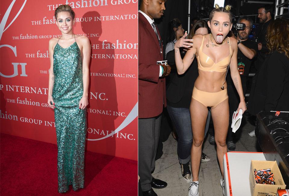 BÅDE BEST OG VERST: Miley Cyrus har blitt kåret til en av verdens best kledde av magasinet Time. Den hudfargede latex-bikininen har imidlertid også ført henne til topps på listen over årets verst kledde kjendiser. Foto: Getty Images/ All Over Press