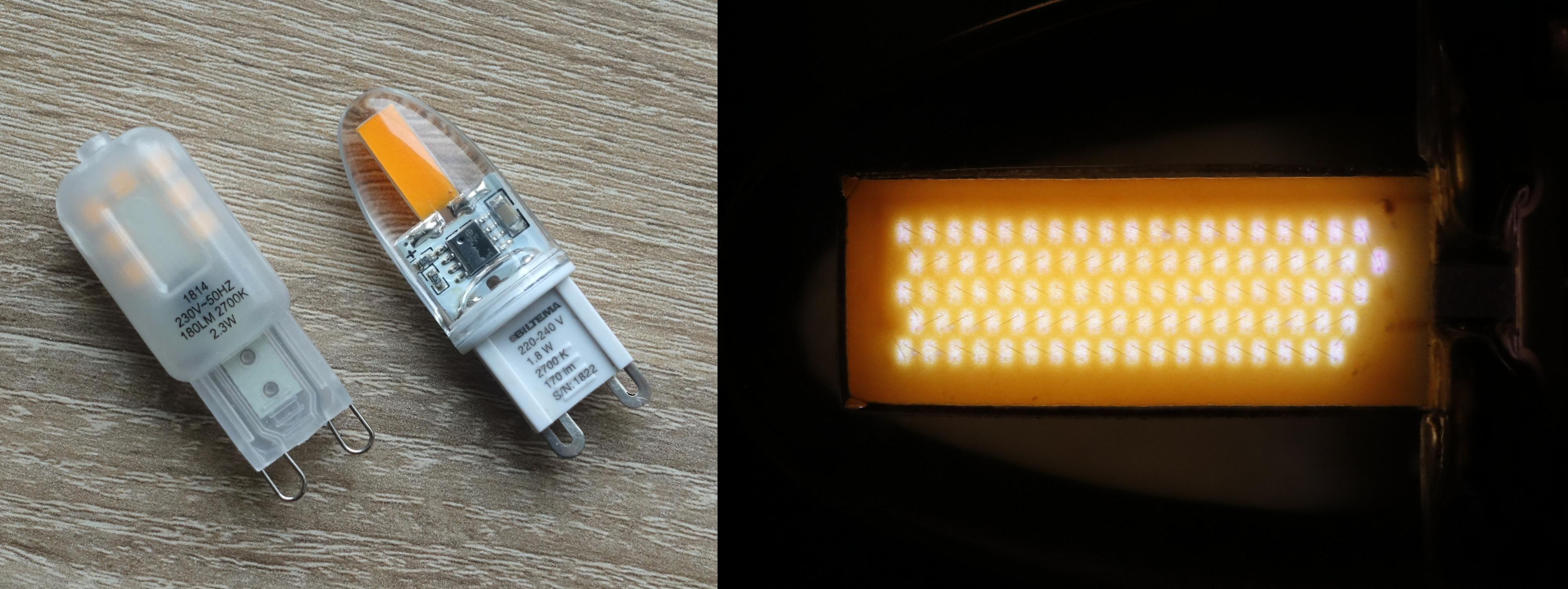 For G9-pæren med SMD-teknologi til venstre kan vi enkelt telle 7 LED-brikker under plastskallet. For pæren til høyre ser det først ut som den bare har et stort «LED-felt», men dette er faktisk en lang serie med små dioder lagd med COG-teknologi. I makrobildet til høyre kan vi både telle dem og se at de har forbindelse med hverandre.