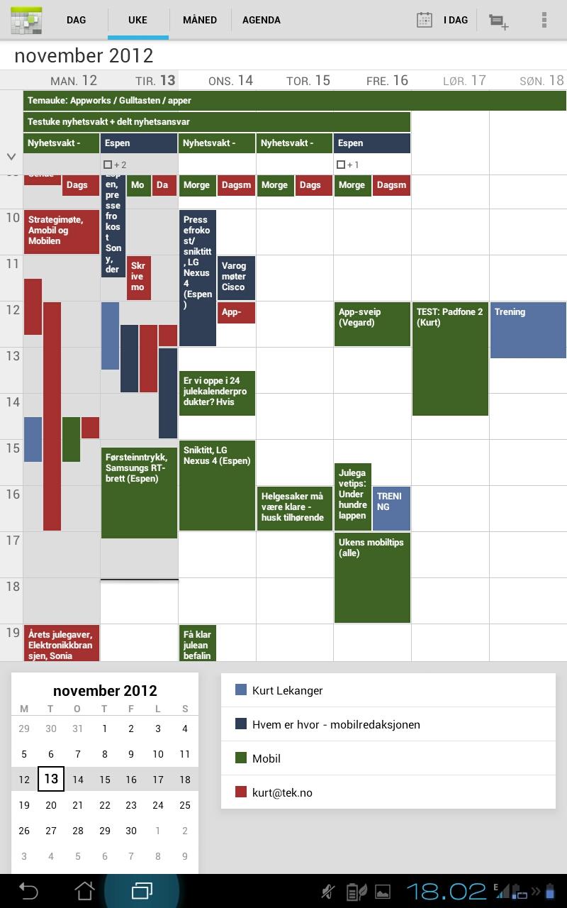 Kalenderappen er den som følger med standard i Android 4. Den støtter flere ulike kalendere, som her vises i ulike farger.