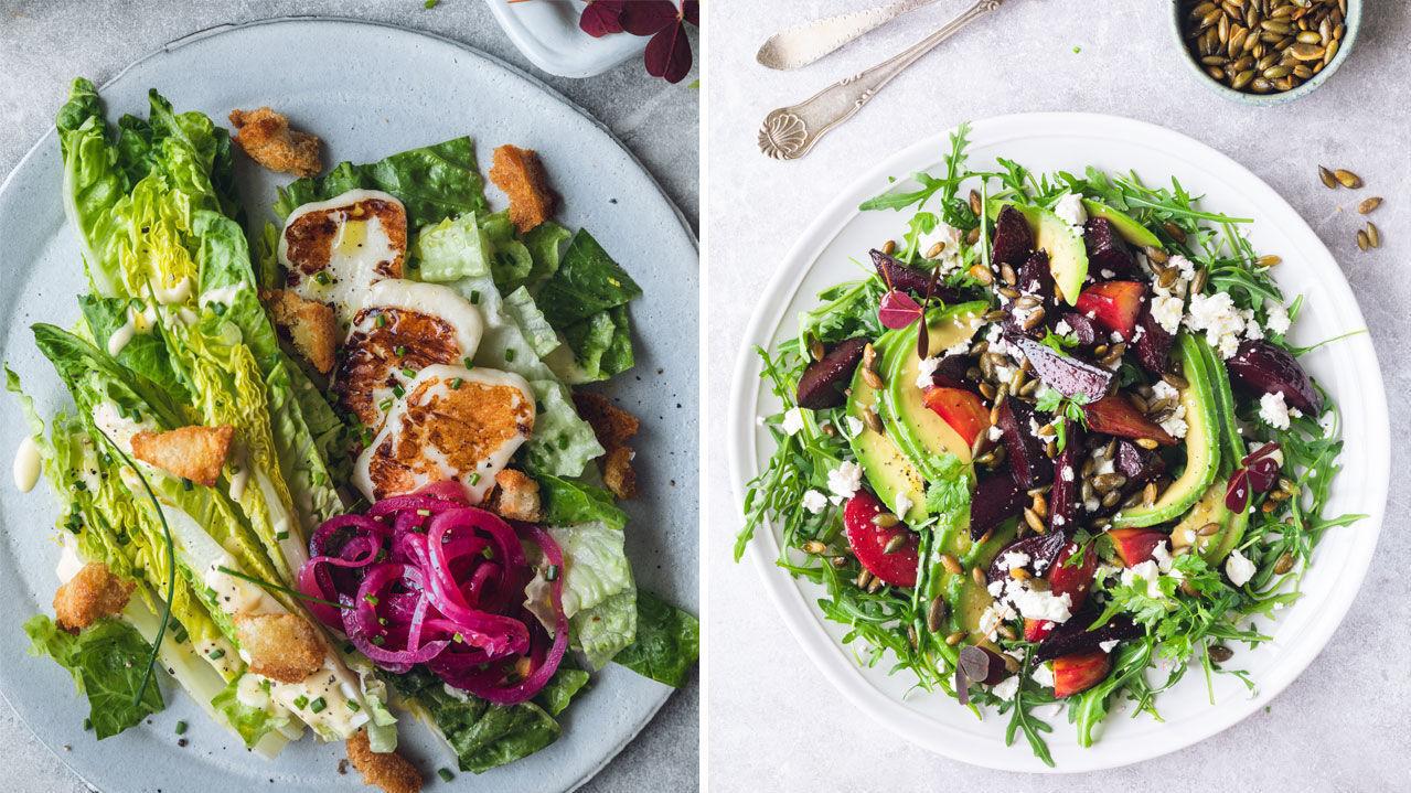 FRISKT OG GODT: Sprø «cæsarsalat» med stekt halloumi og salat med bakte rødbeter, avokado og fetaost er begge fulle av smak. 