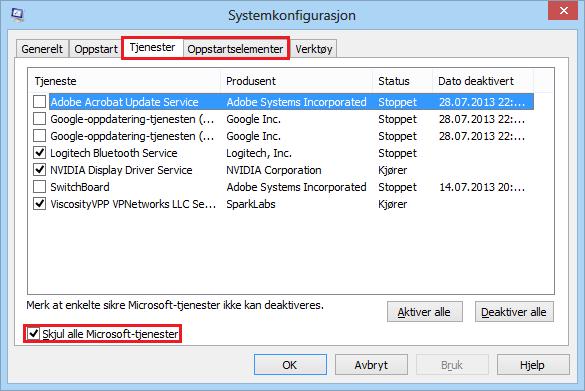 Fra msconfig kan du skru av tjenester og oppstartselementer som ikke er nødvendige for at Windows skal starte.