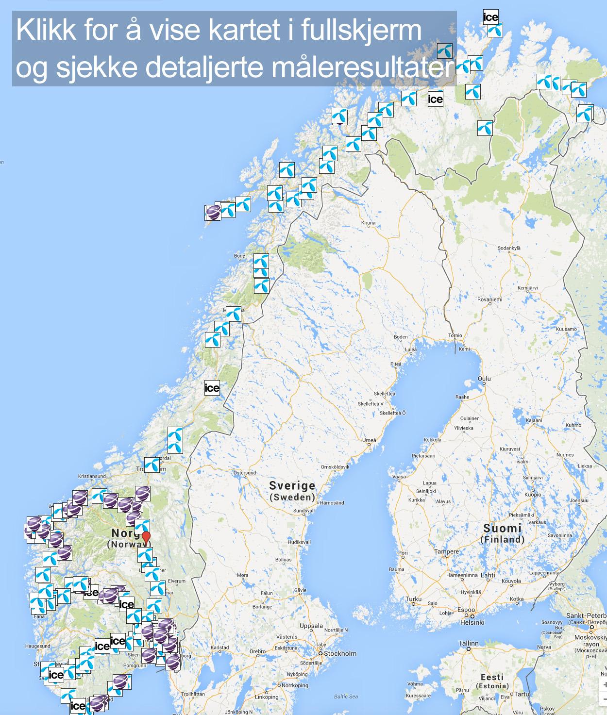 Vi har testet mobilt bredbånd i hele Norge. Logoen viser hvilken operatør som er raskest på stedet.