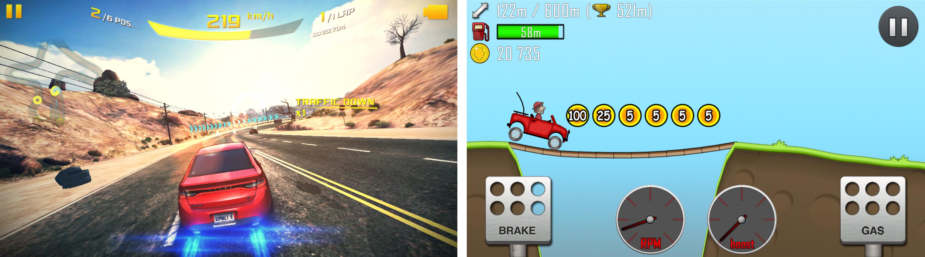 Spill som Hill Climb Racing (høyre) egner seg godt på J5.
