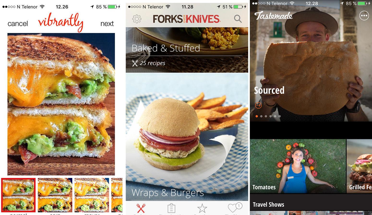 NOE FOR ALLE: Om det er matbilder, mat-TV, resie, vegetarmat eller fakta du er mest opptatt av - i matapp-universet er det noe for alle. Foto: Screenshots fra app'ene.