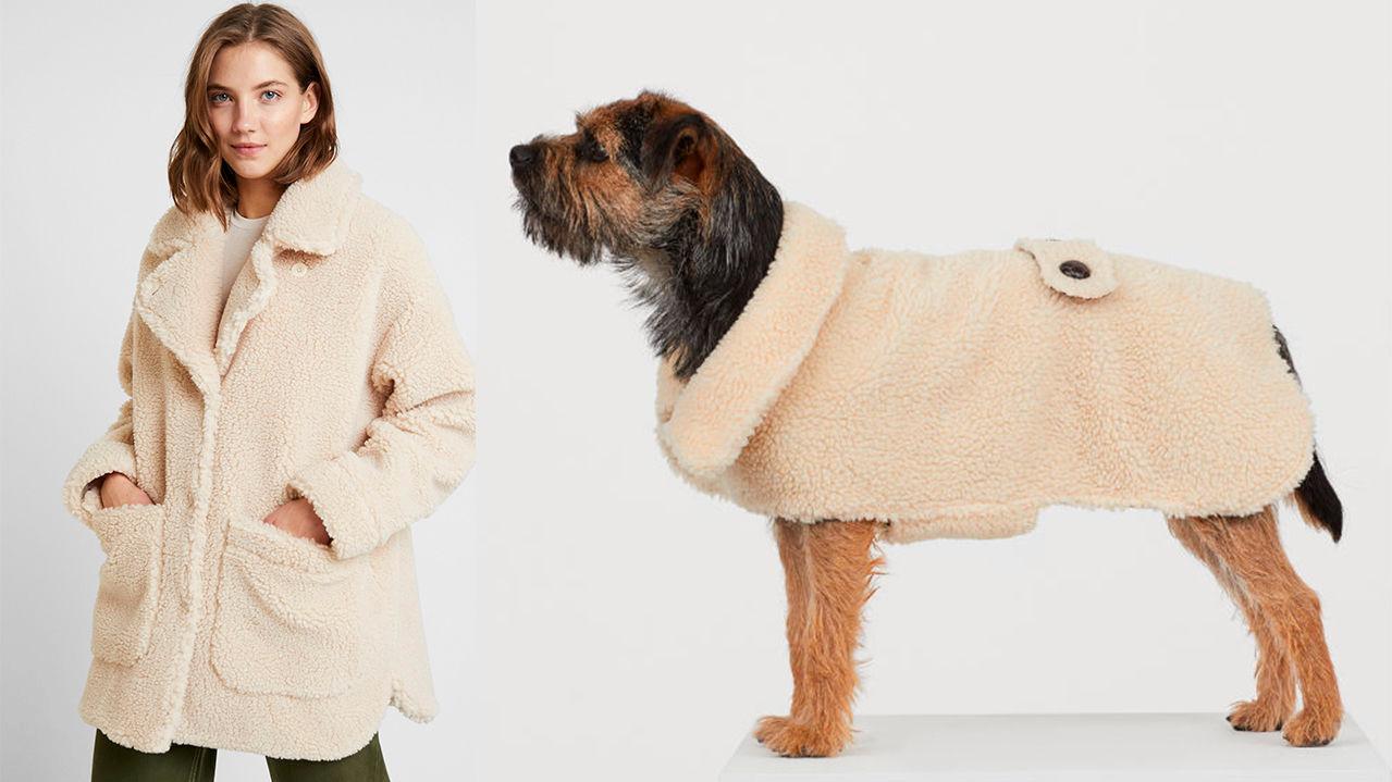 KLARE FOR VINTER: Med jakke til dame fra Monki hos Zalando og hundejakke fra H&M er både menneske og hund kledd for vinter. Foto: Produsentene.