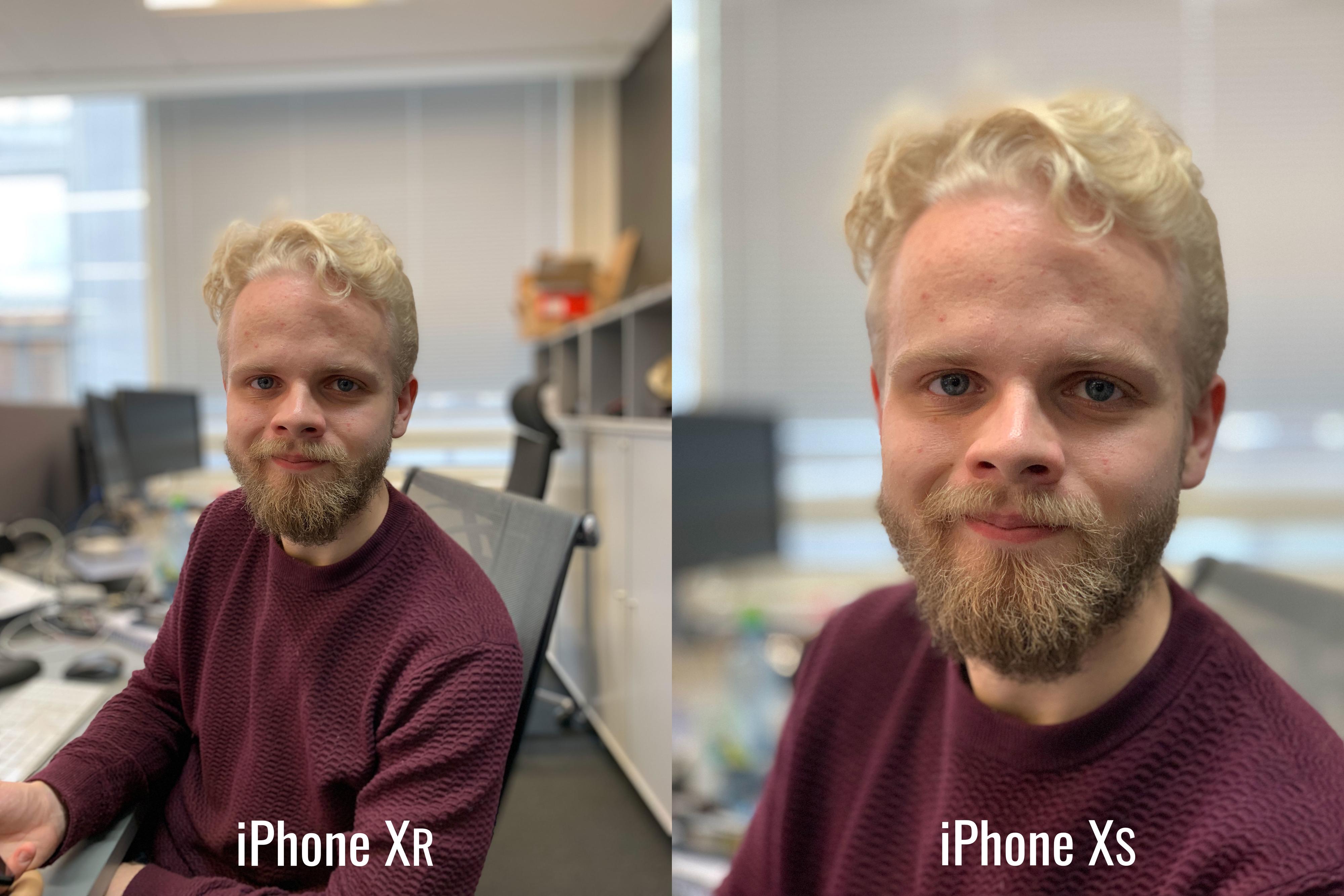 Til tross for at iPhone Xr bare har ett kamera på baksiden, klarer den å separere ansikt godt fra bakgrunnen. Sjekk håret på toppen, så ser det faktisk ut som at Xr gjør enn bedre jobb enn iPhone Xs.