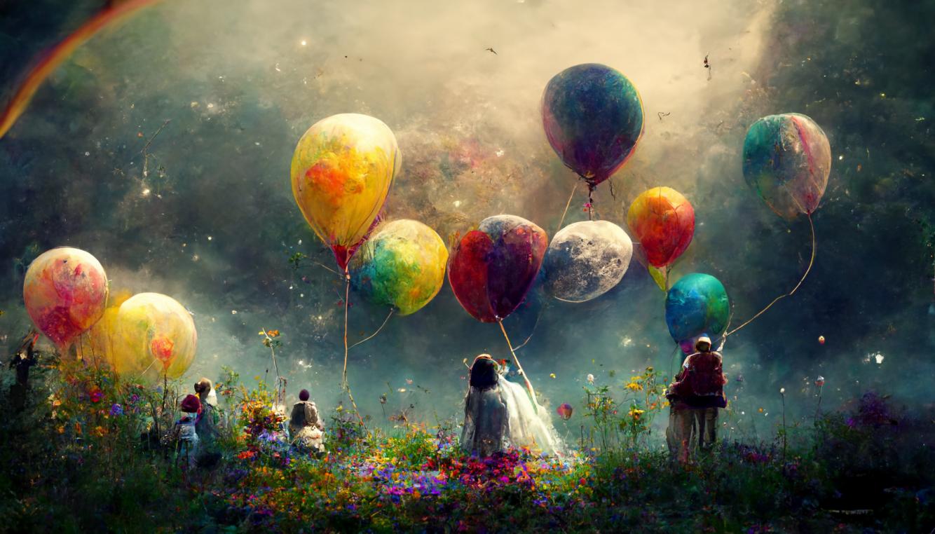 Dette bildet ble laget av at vi skrev «people on the moon looking down on earth, rainbow, balloons»