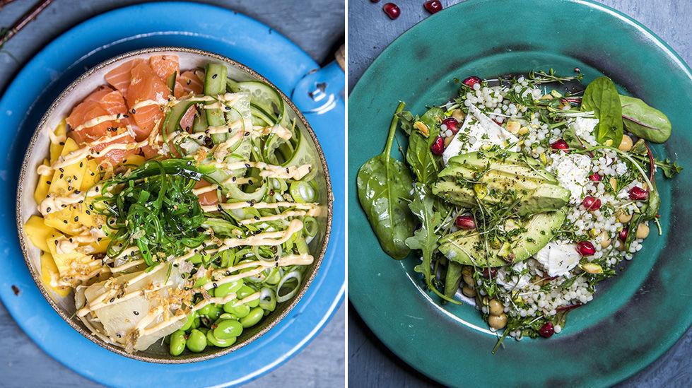 FRISTENDE: Pokesalat med quinoa og couscous-salat med fetaost er deilige og litt lettere middager. Foto: Sara Johannessen/VG