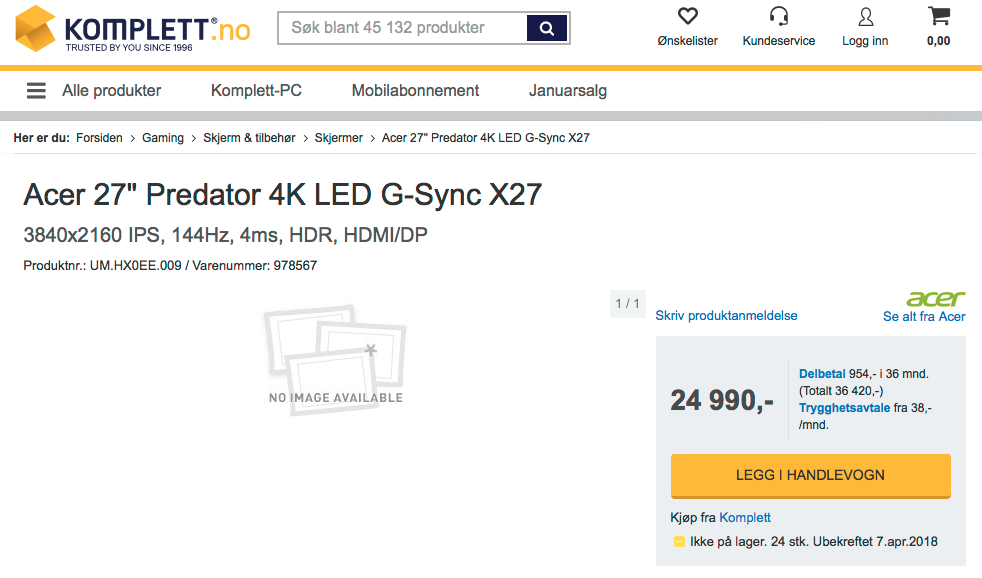 Det begynner å bli dyrt å være gamer, si. Veiledende pris for Acers X27 er 24990 kroner.