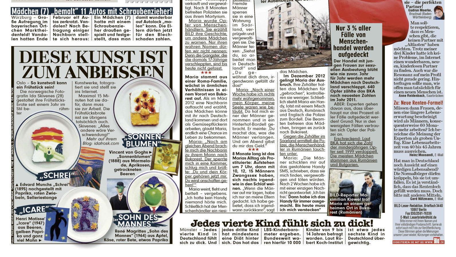 EUROPAS STØRSTE AVIS:Tyske Bild Zeitung viet plass til Idas norske brødskiver 7. mars 2013. Foto: Faksimile