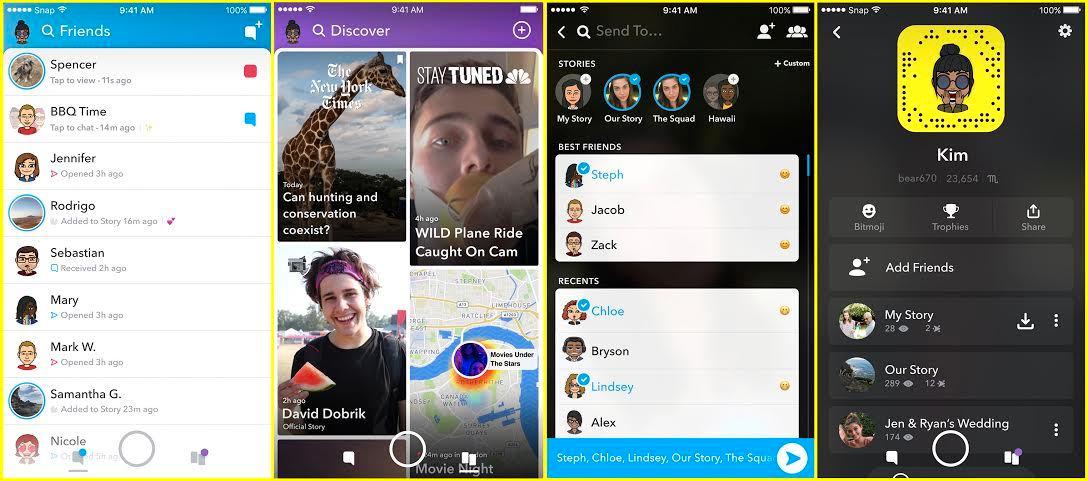 Slik ser skjermene i den nye Snapchat-appen ut. Legg merke til det tydelige skillet mellom venner og kommersielle aktører, til forskjell fra dagens app.