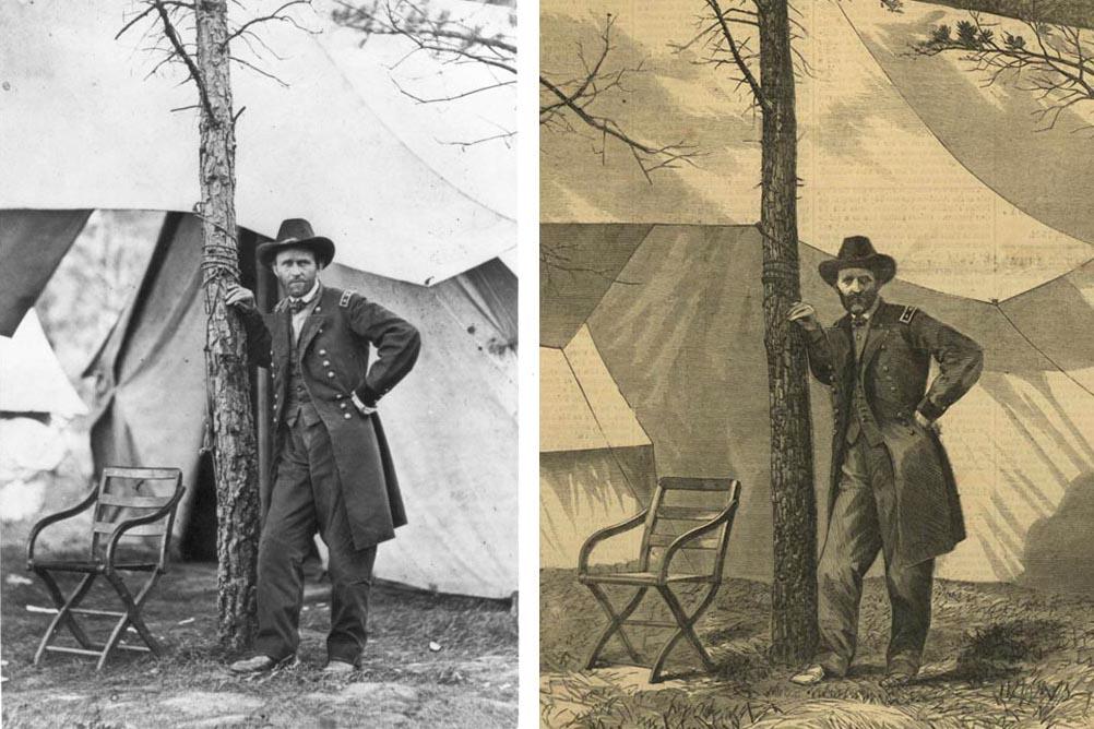 General Ulysses Grant. Trykket gravering til høyre og fotografiet det er basert på til venstre.