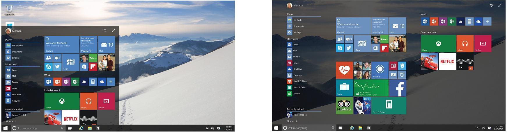 Den nye startmenyen tar med seg det beste fra Windows 7 og Windows 8. Den har krympet, men kan blåses opp over hele skjermen om du ønsker full oversikt.