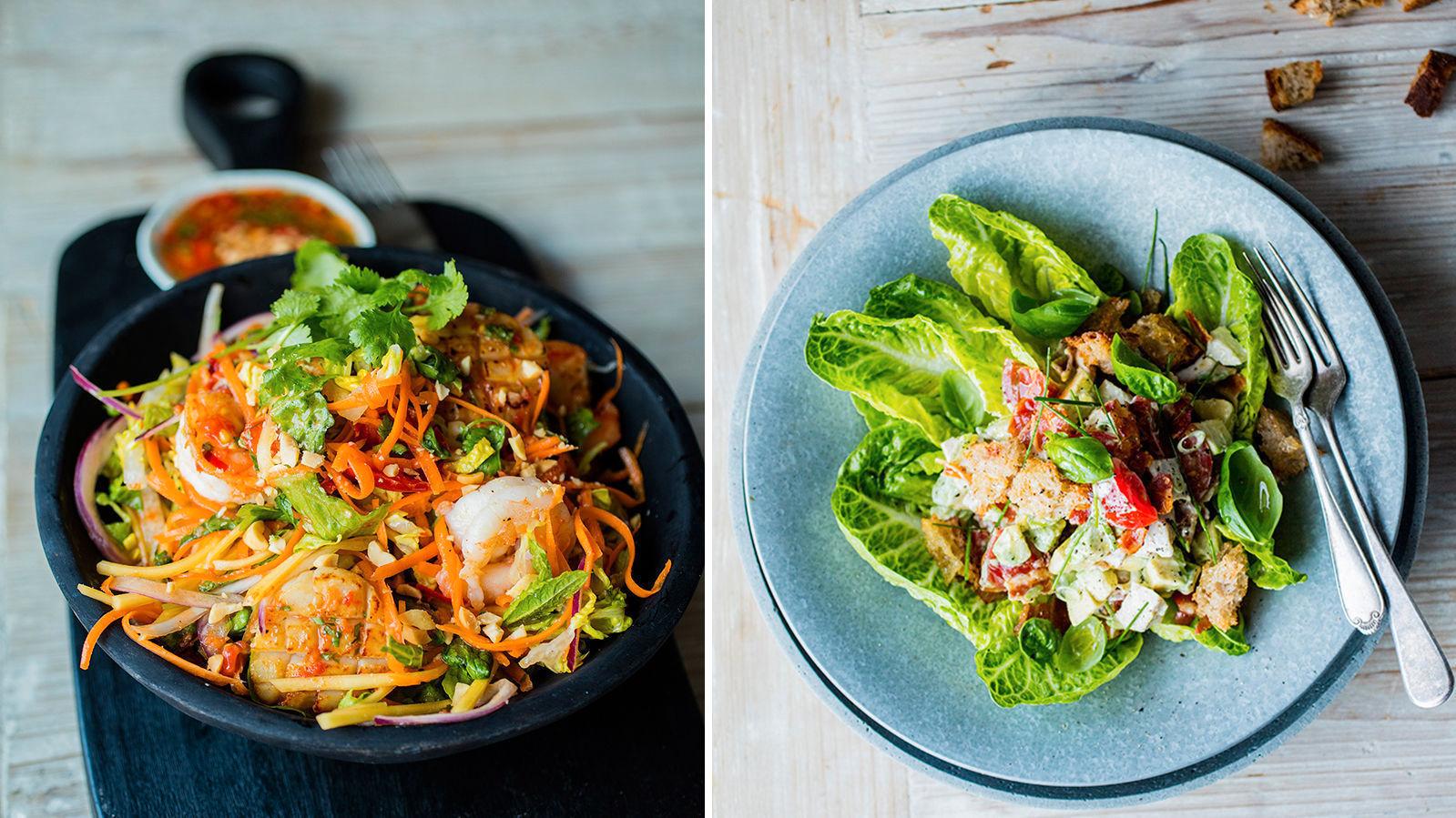 SALATLYKKE: Det er god mat i en god salat. Prøv en thai-inspirert en med kamskjell og reker - eller en sandwich-inspirert en med kylling og bacon. Foto: Sara Johannessen/VG.