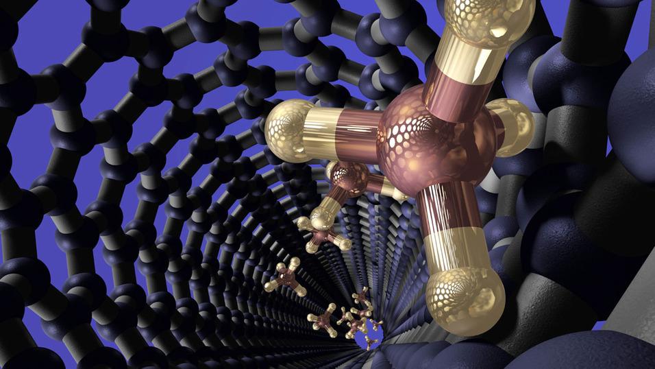Illustrasjon av et nanorør, som i dette tilfellet inneholder metan.Foto: iStock, 13897130