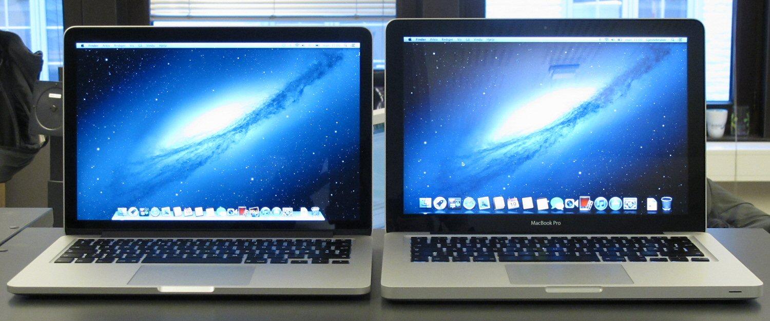 MacBook Pro med Retina-skjerm til venstre, vanlig MacBook Pro til høyre.Foto: Vegar Jansen, Hardware.no