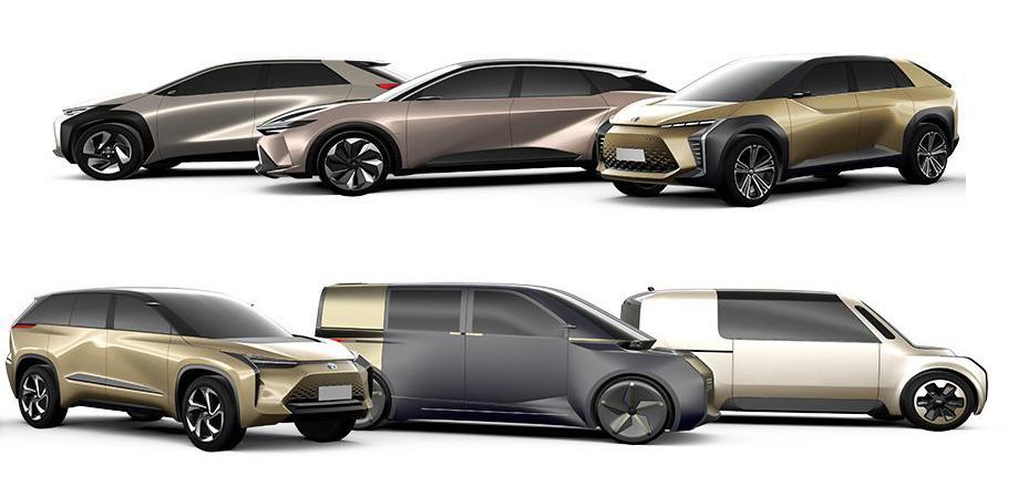 Toyota har sluppet denne skissen av elbiler de ser for seg å lansere de neste årene. 